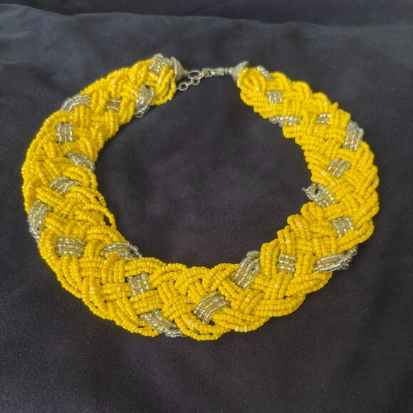 Unique Vintage Jewelry - Vintage Hand-beaded-Woven Yellow and Silver-Glass Choker with Silver Hardware
